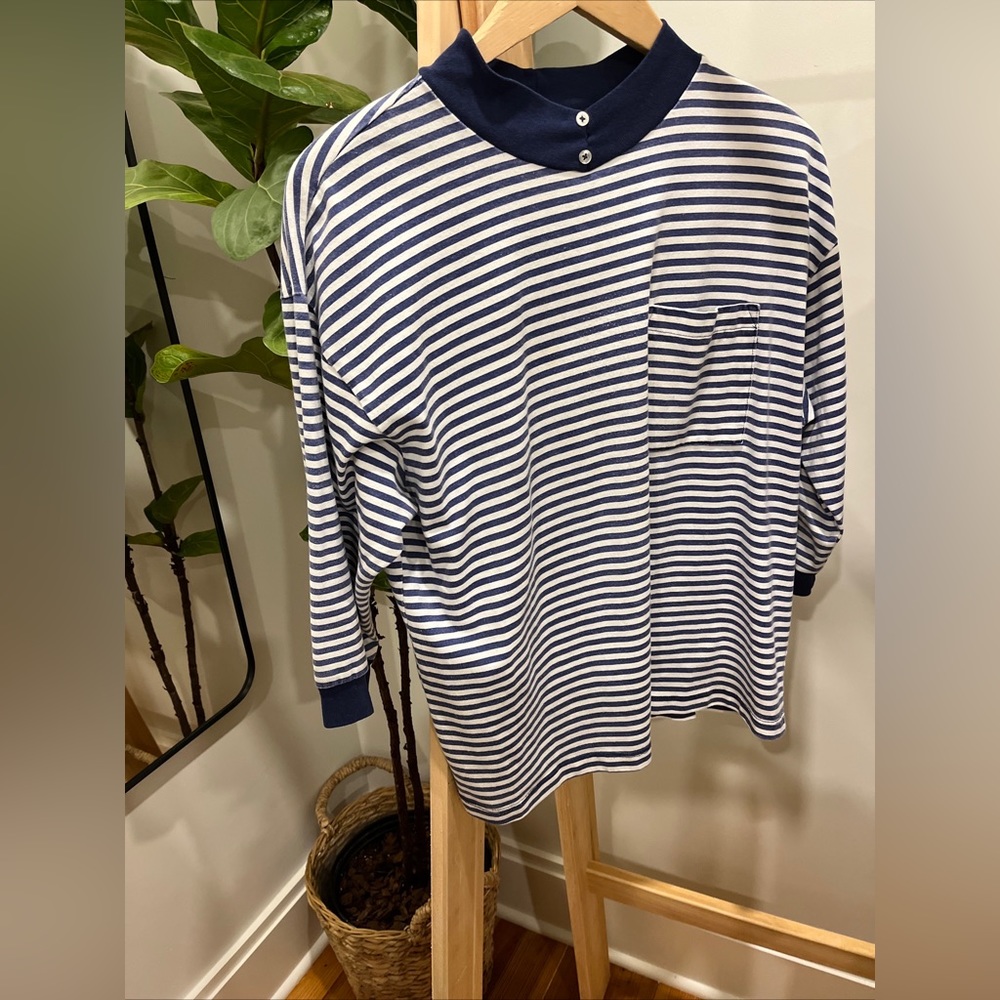 Vintage Cotton Striped Boxy Tee Mock Prep Nautical Boat Yacht Chic Hampton Large